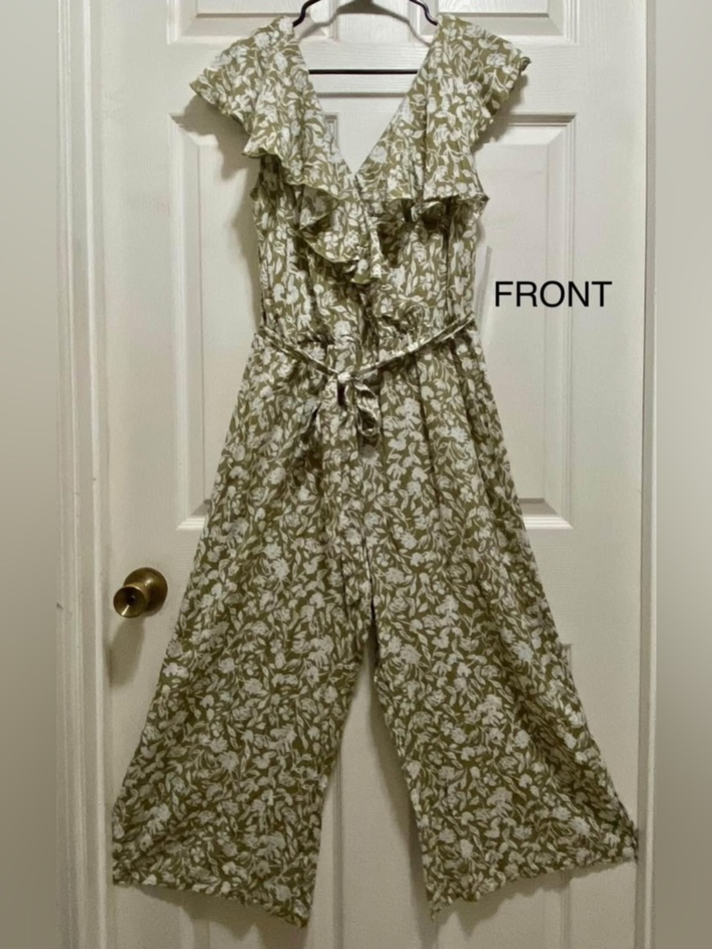 Luxology Olive Green and White Floral Ruffle V-Neck Jumpsuit